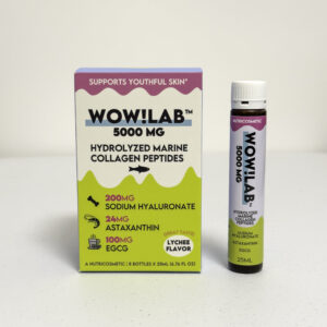 Picture of the collagen peptide 25 mL vial drink next to the product box with a white background.